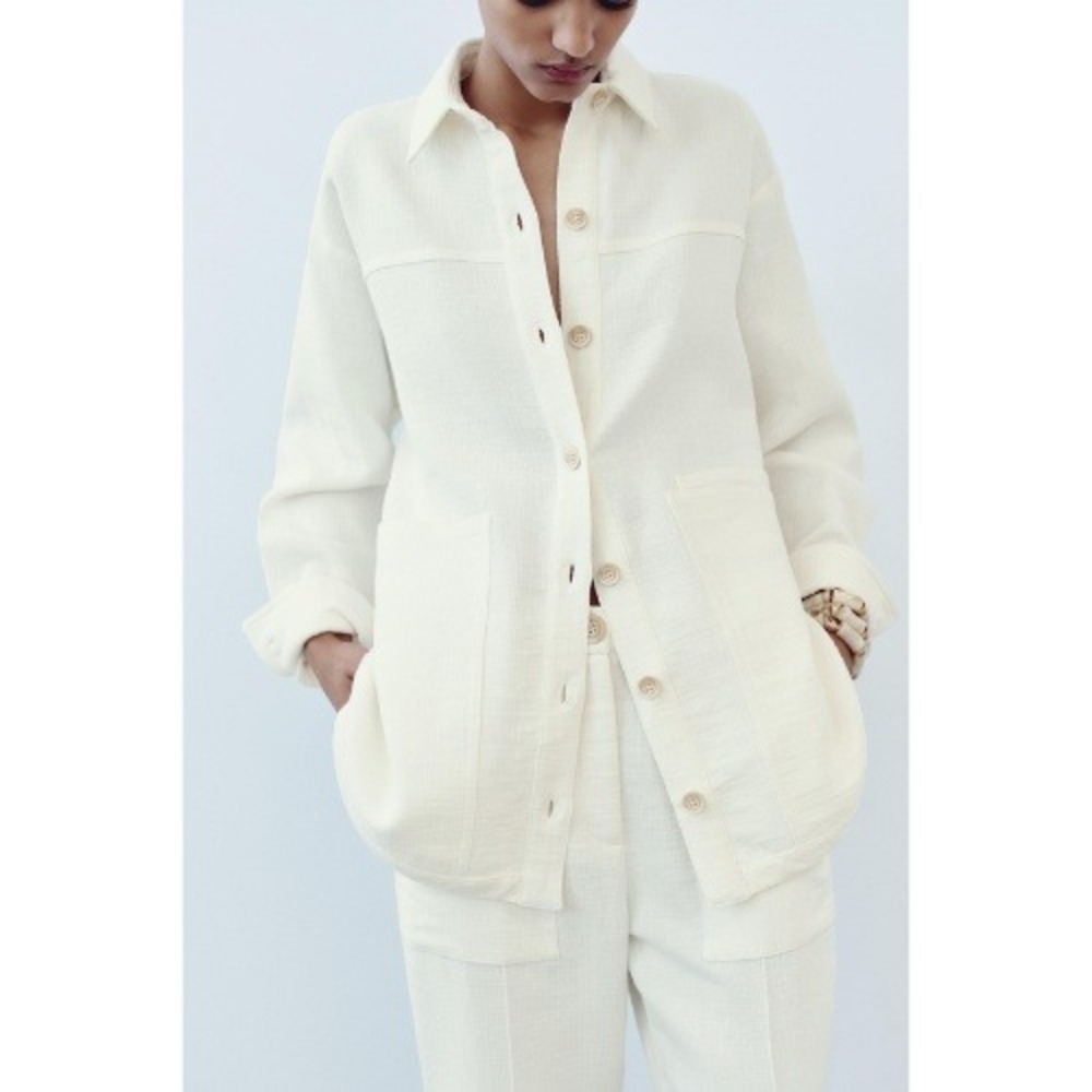 Zara Heavyweight Gauze Rustic Overshirt Shacket Pockets Cream Sz XL NEW